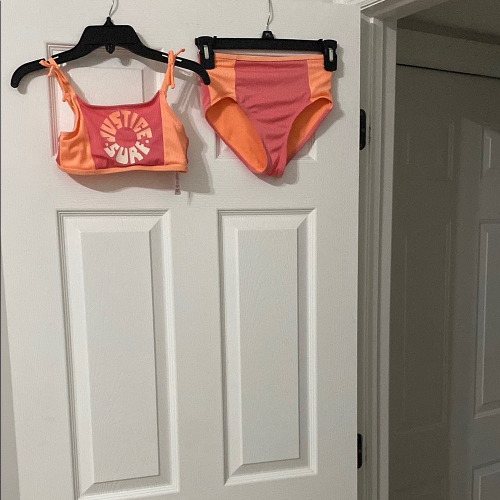 Justice Vibrant Orange and Pink Swim Set